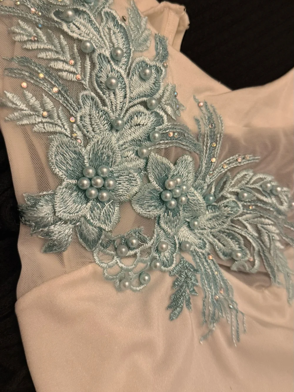 White double platinum Girl’s costume dance with Light Blue Floral Appliqué